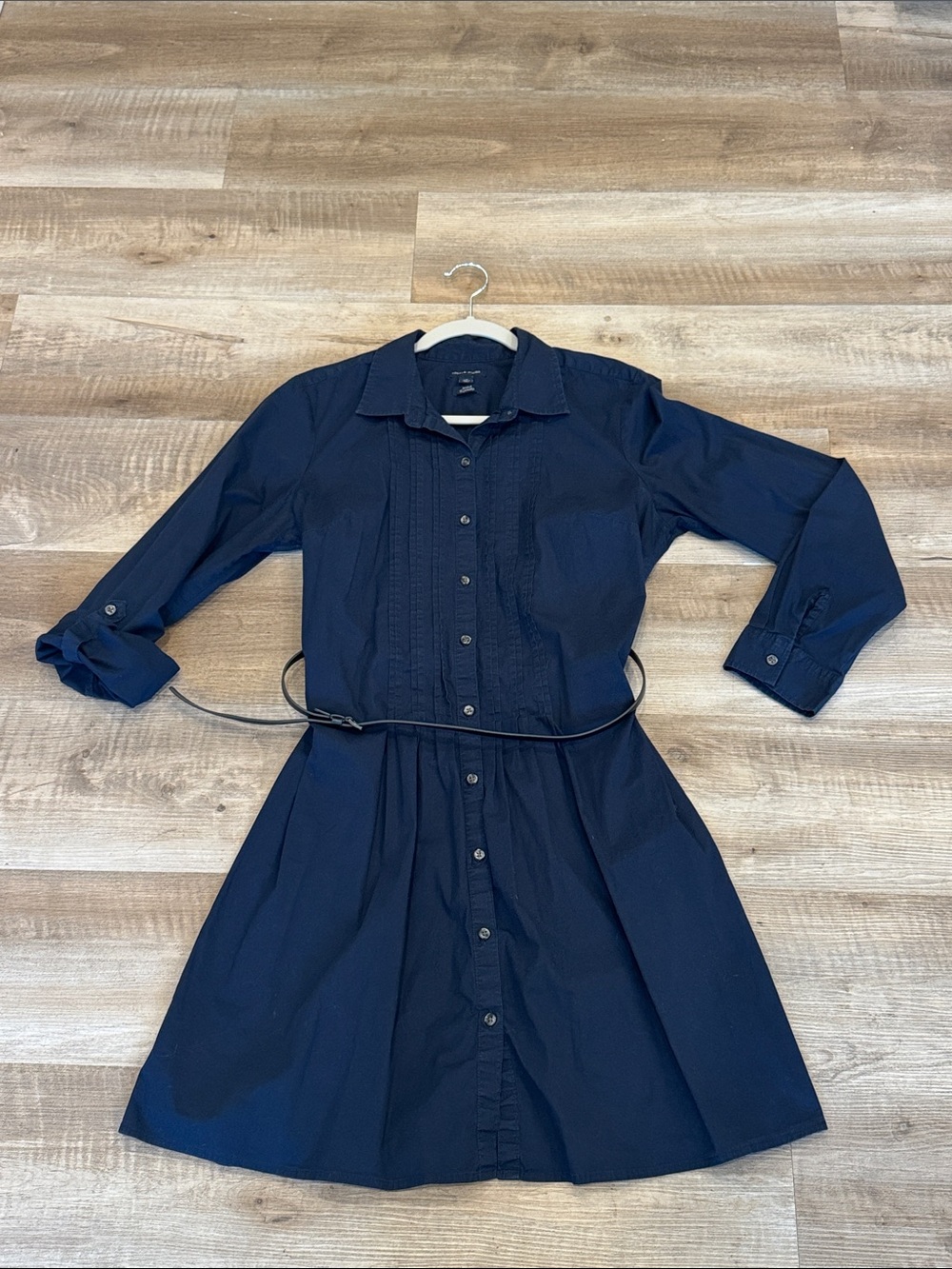 Tommy Hilfiger Navy Stretch Extensible Belted Pleated Shirt Dress Roll Tab Cuff